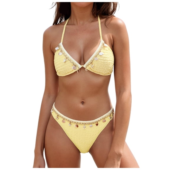 BOBOGOJP Bikini Set for Women Two Piece Swimsuits V Neck Low Rise Crisscross Back Self Tie Spaghetti Straps Yellow for Size XL