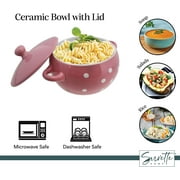 Servette Home Pink Polka Dot Soup Ceramic Bowls with Lids and Handles - Set of 4