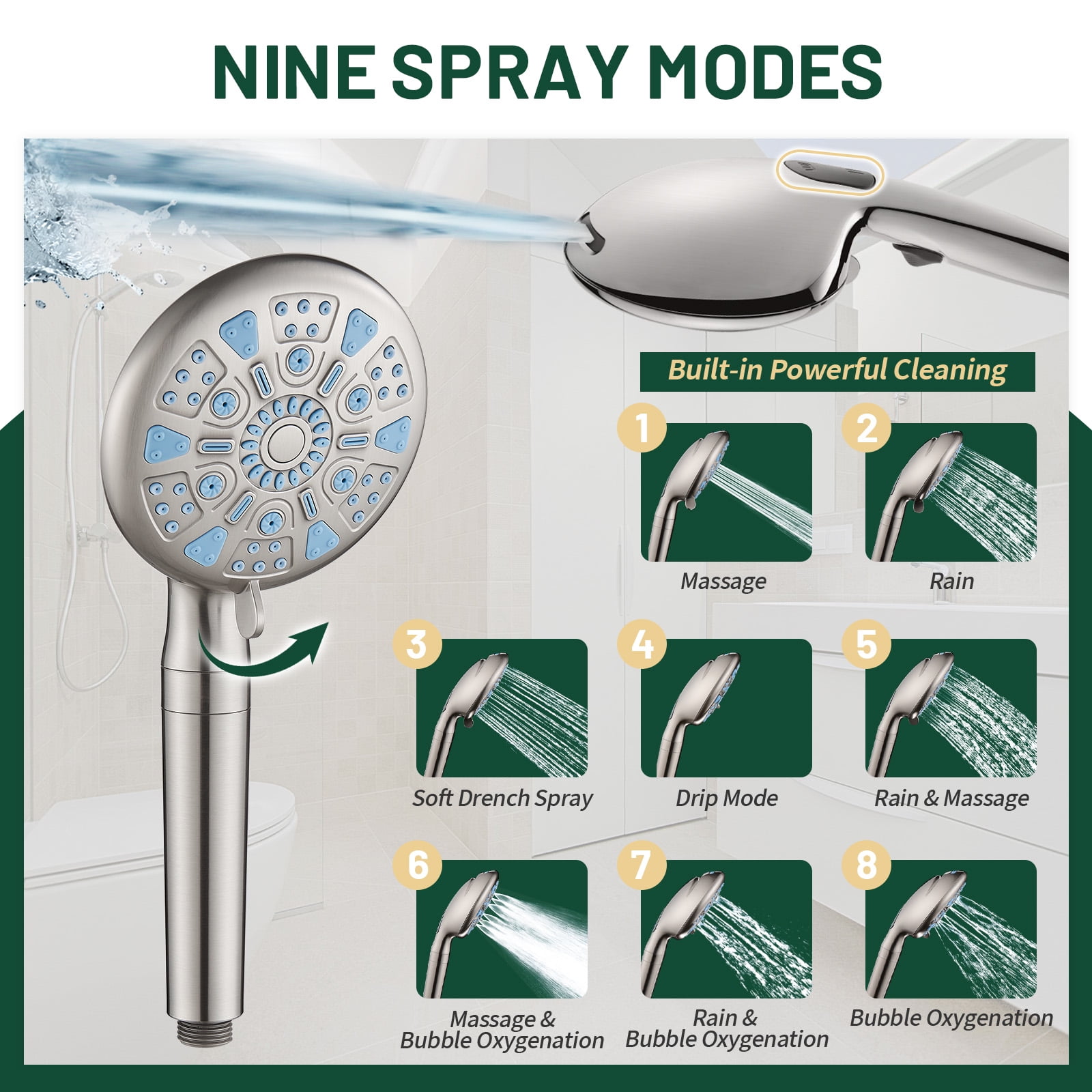 Cobbe 12-Inch Dual Shower Heads with Handheld Spray Combo, 3-Way Rain Shower Head, 9-Spray Patterns Handheld Shower, Brushed Nickel