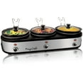 thumbnail image 2 of MegaChef Triple 2.5 Quart Slow Cooker and Buffet Server in Brushed Silver and Black Finish with 3 Ceramic Cooking Pots and Removable Lid Rests, 2 of 9