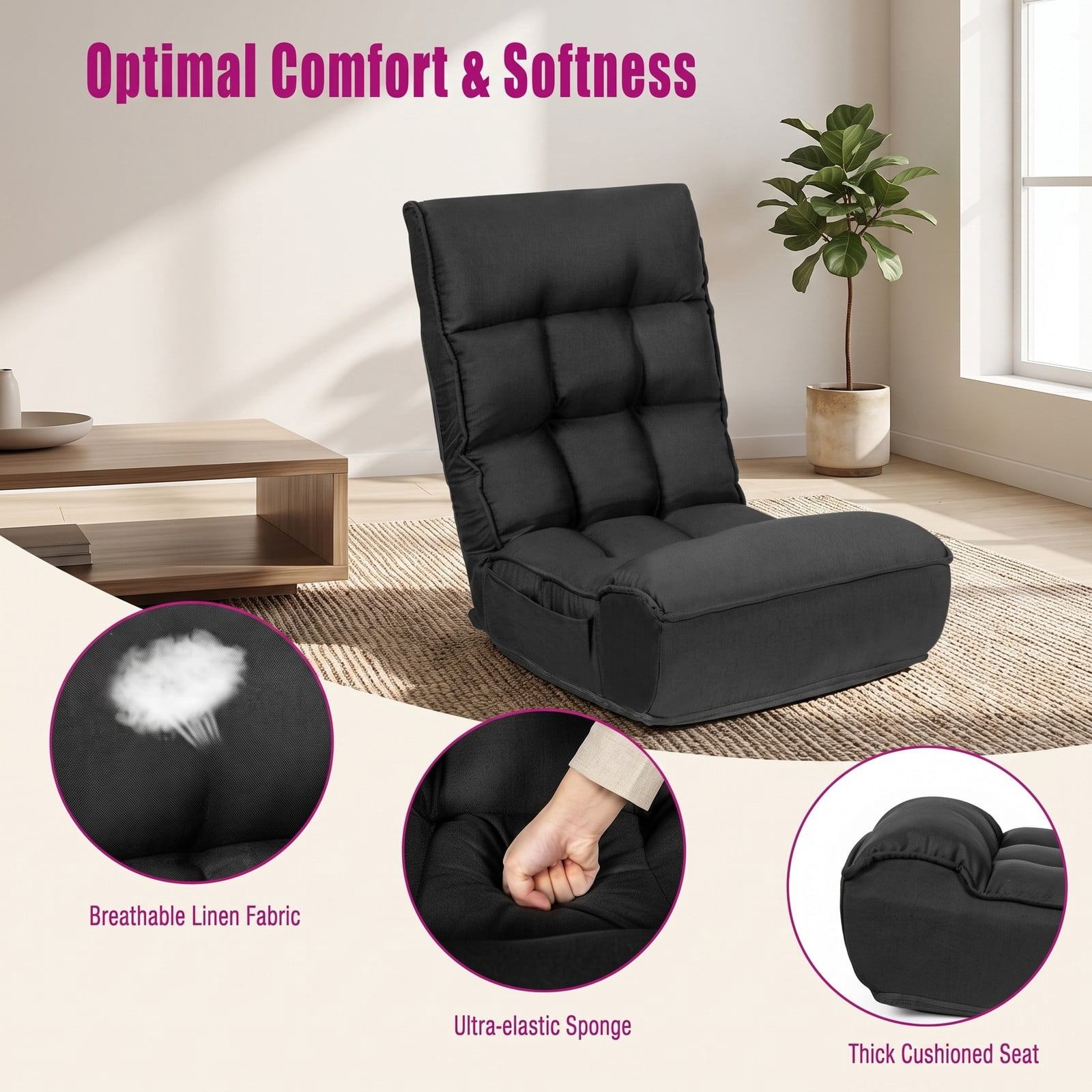 Furnibear 4-Position Adjustable Folding Floor Chair, Foldable Lazy Sofa Gaming Recliner with Steel Frame for Reading Watching TV, 286 lbs Capacity, Black