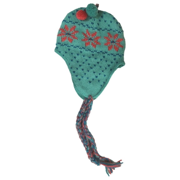 Womens Braided Green & Pink Snowflake Print Trapper Hat