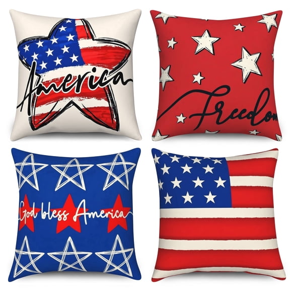 4th of July Throw Pillow Covers 18x18 Set of 4,Patriotic Independence Day Pillow Cases for Bedroom Sofa Couch Decor