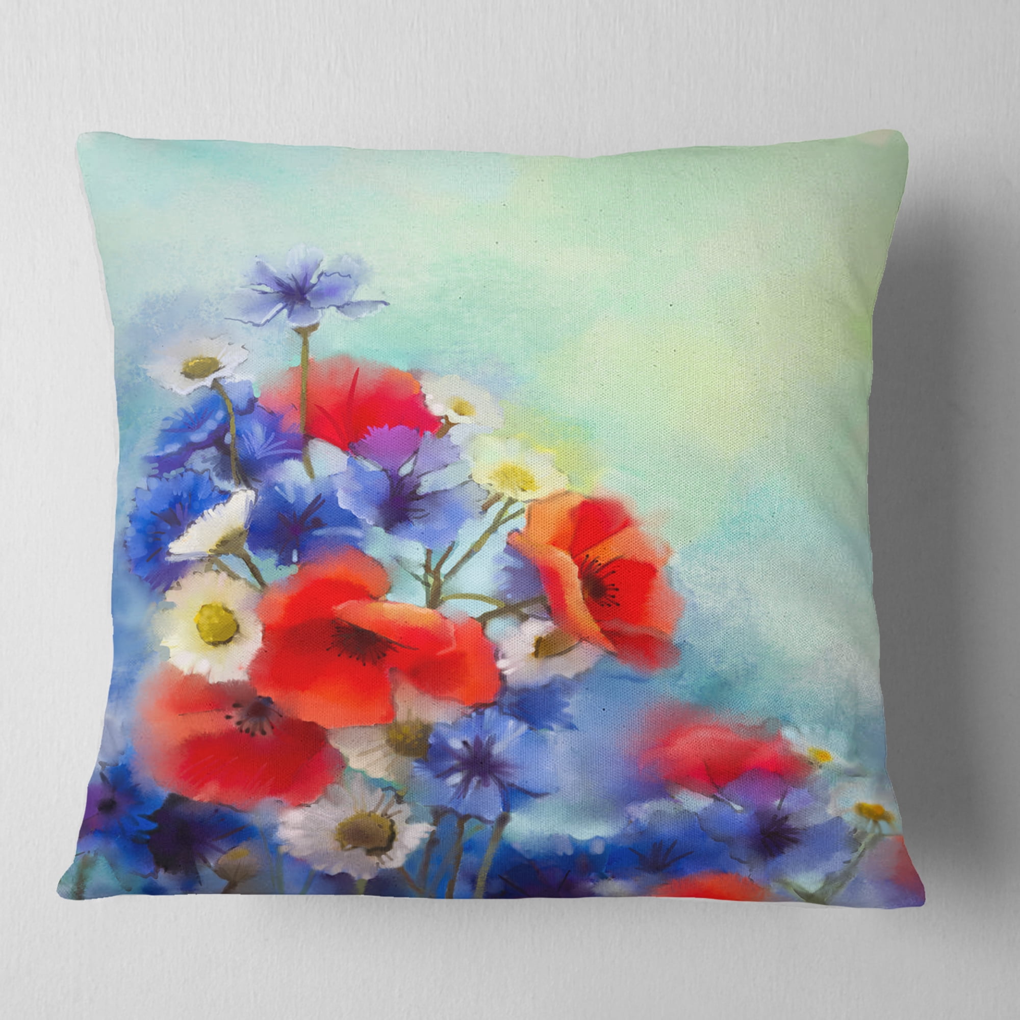 Designart Blue Cornflower and White Daisy - Floral Throw Pillow - 16x16