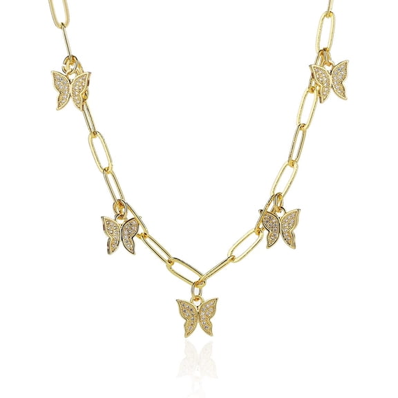 Gold Plated Trendy Paper Clip Chain With Cubic Zirconia Butterfly Charms High Polish Cable Link, Giorgio Bergamo