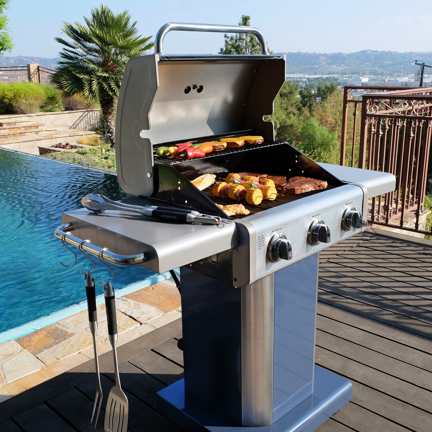 Kenmore 3-Burner Gas Grill, Outdoor BBQ Grill, Propane Grill with Foldable Side Tables, Azure Blue - image 4 of 12