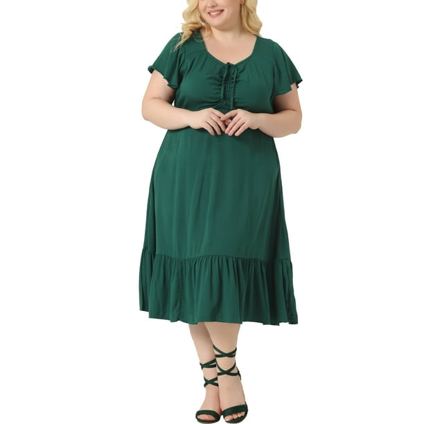 Vestido Plus Size Agnes Orinda para Mujeres con Mangas Cortas, Escote Corazón, Volantes, Lazo, Maxi Largo 3X Verde Oscuro
