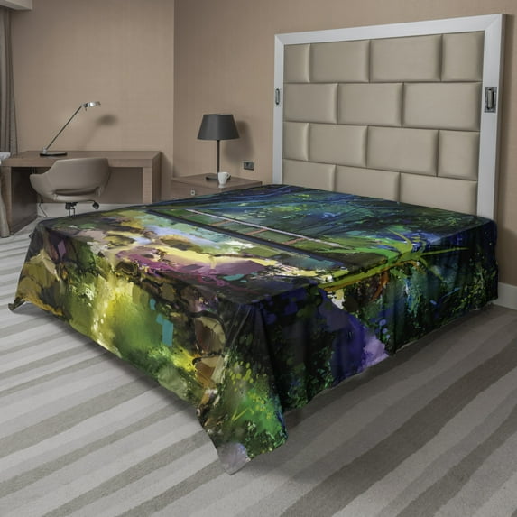Colorful Flat Sheet, Oil Painting Style Landscape Illustration of Wooden Bridge Over Creek in Forest, Soft Comfortable Top Sheet Decorative Bedding 1 Piece, 6 Sizes, Multicolor, by Ambesonne