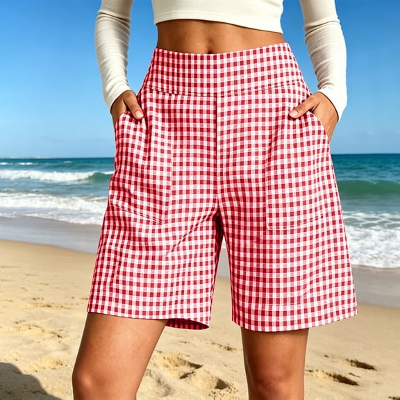 Karymi Athletic Shorts for Women High Waist Gingham Bermuda Shorts, Back Elastic Waist Wide Leg Plaid Casual Shorts with Side Pockets, Summer Beach Vacation Shorts Women's Pants