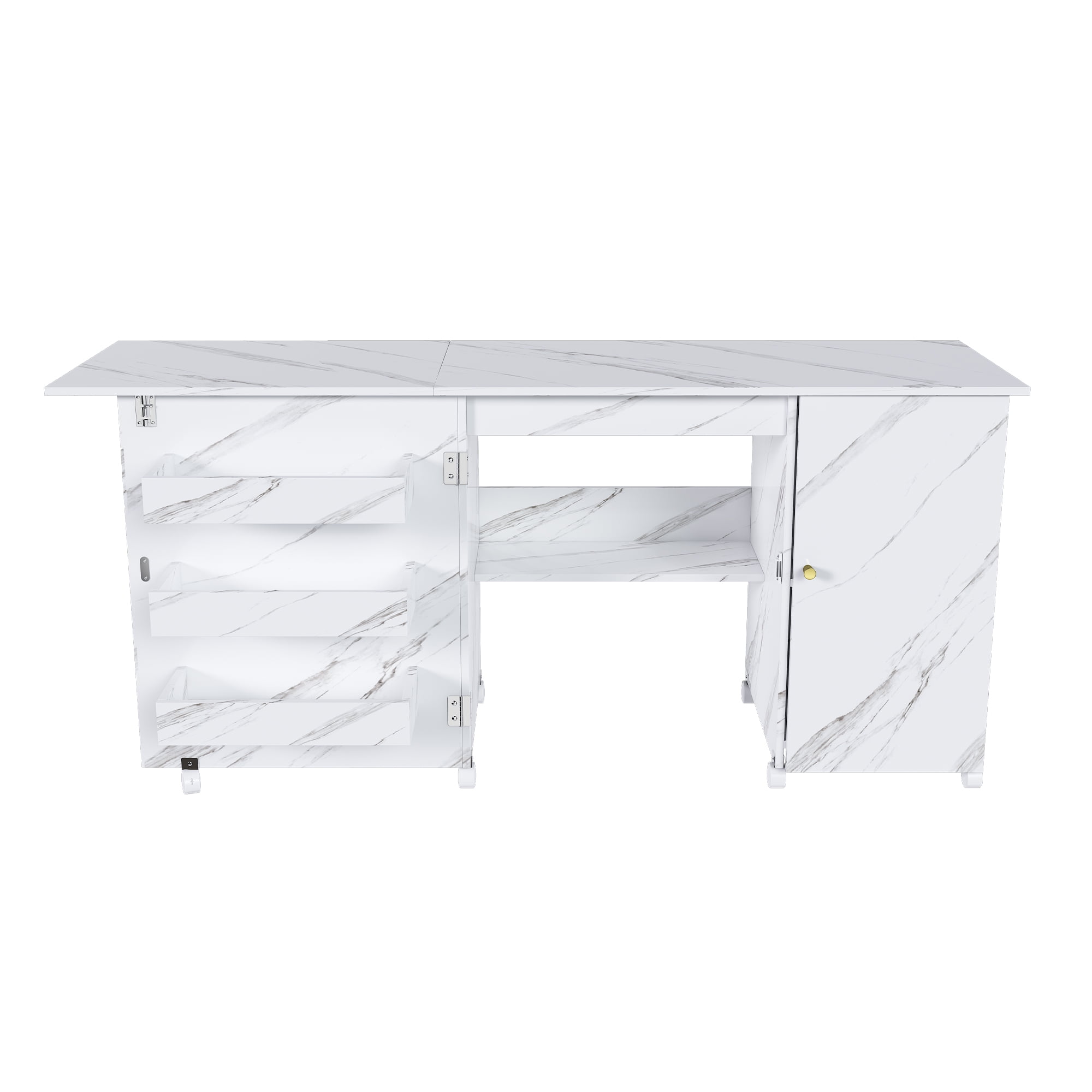 ABNO1  57.5" Foldable Sewing Machine Table with Locking Casters, Multi-Storage Craft Station with Shelves, Bins & Cabinet, Adjustable Sewing Cabinet for Home, Bedroom, and Craft Room(White)