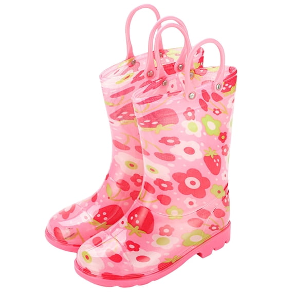 Floleo Girls Waterproof Rain Boots with Strawberry Big Flower Print Non-Slip Rubber Sole Toddler Rain Boots with Portable Carry Handles Outdoor Casual Kids Water Shoes(Pink,5-6 Years)