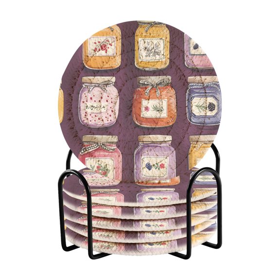 Yayeee 6 PCS Drink Coasters with Holder Set Woven Absorbent Round Tabletop Hot Pad, Purple Jam