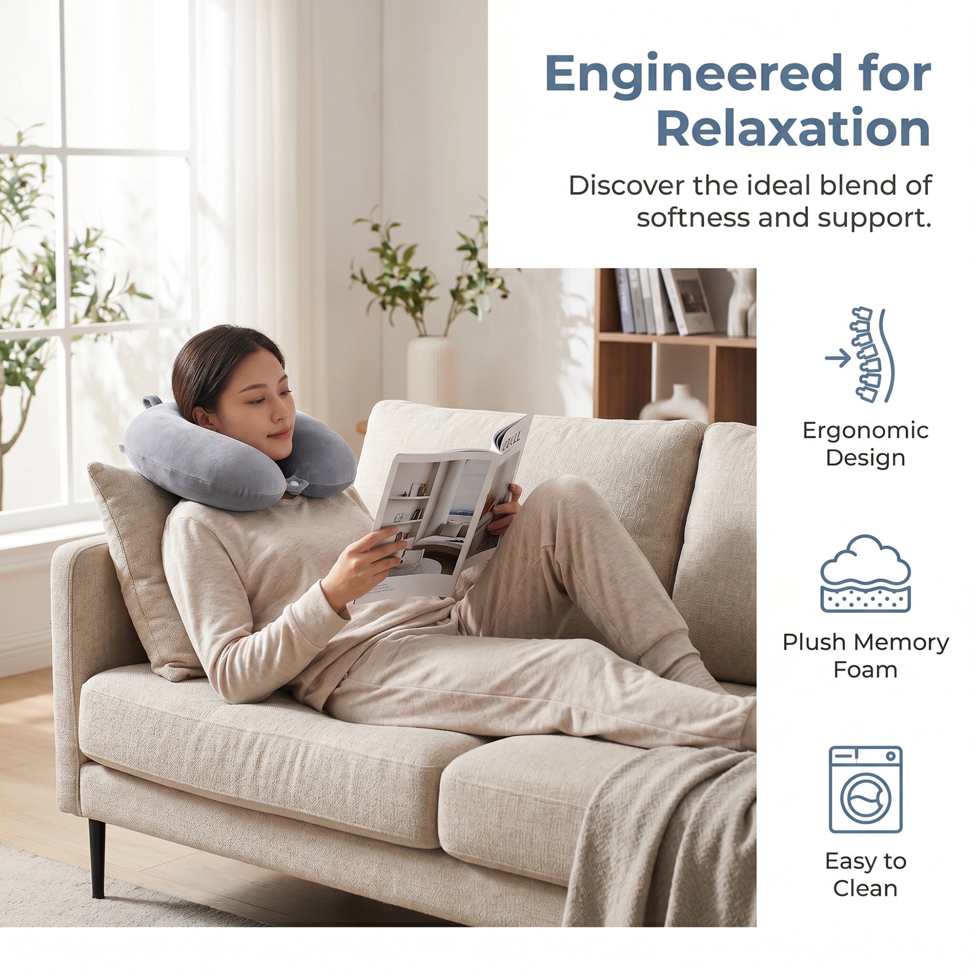 Unique Bargains Memory Foam Travel U Shape Neck Pillow Snap Closure Light Gray 12"x12"x4"