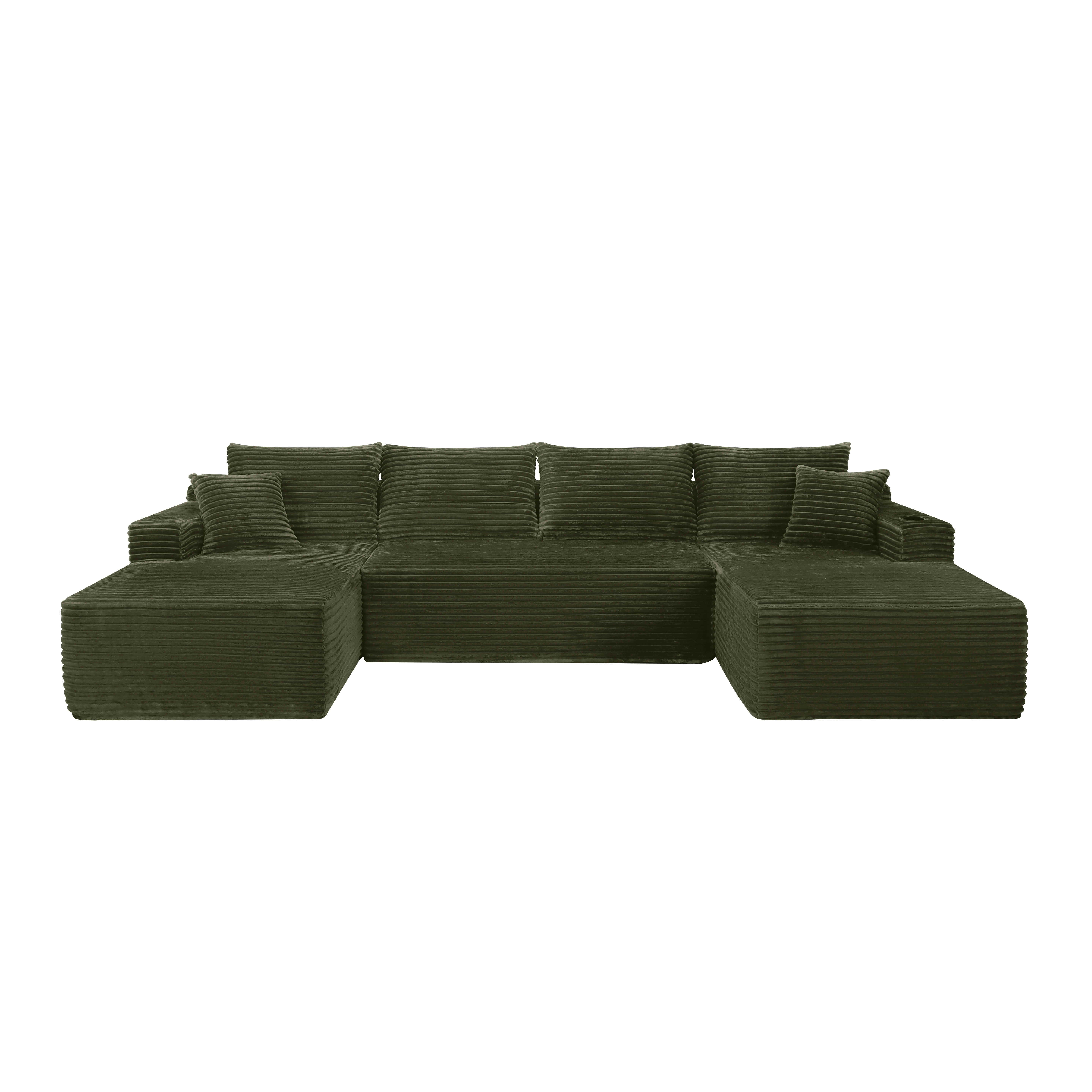 MAYEERTY 134" U-Shape Green Cloud Couch, Modern Modular 5-Seater Sectional Sofa with Side Pockets and Cup Holder, Plush Corduroy Deep Seating Lounge Sofa