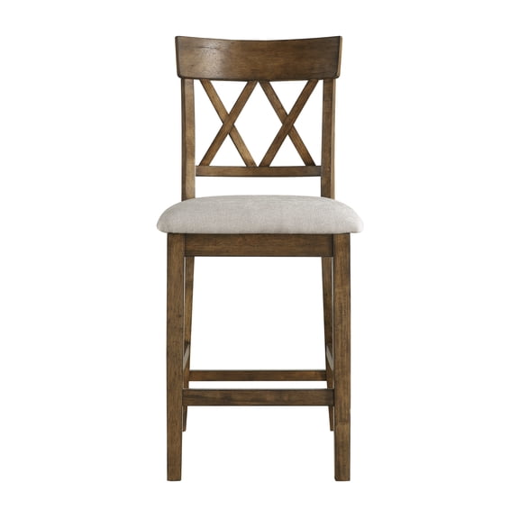 Set of 2 Counter Height Chairs: Light Oak Finish Wooden Dining Kitchen Furniture with Padded Gray Textured Fabric & Double Cross Back - 19"W x 22"D x 42"H, 250lbs Capacity, Vietnam Origin