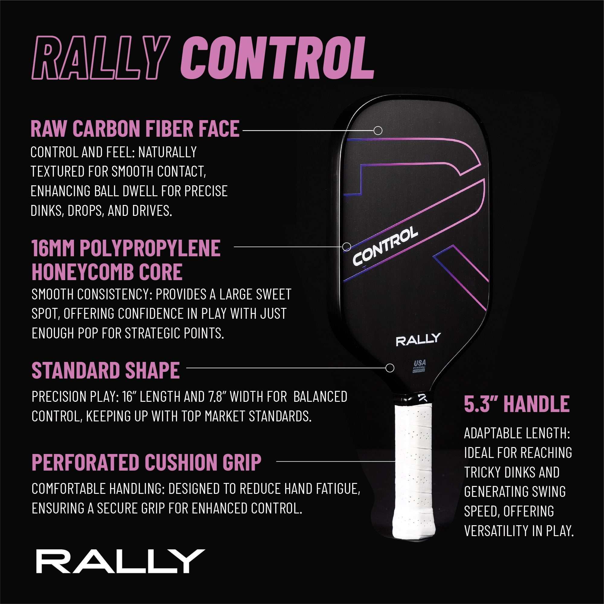 Rally Control Raw Carbon Pickleball Paddle – Carbon Fiber Face, 16mm Polypropylene Core, Enhanced Spin & Sweet Spot, 16" Length, 8oz Lightweight Design for Precision Players (Control - Purple)