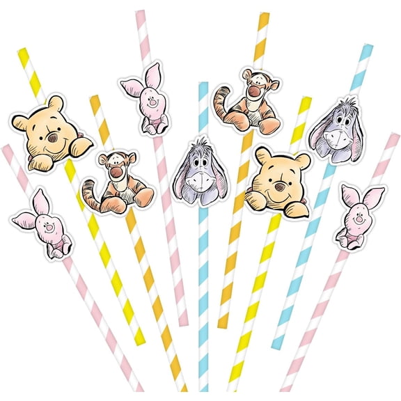 40 Pcs Winnie Baby Shower Decorations, Pooh Party Decorations, The Pooh Baby Shower Decor, Winnie Striped Paper Straws Disposable Drinking Straws, Bear Straws for Wedding Birthday New Year Party