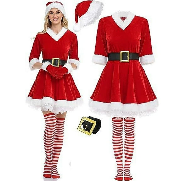 Rohuuque 4-Piece Christmas Festive Set for Women Red Velvet Plush Skirt with Matching Hat Belt and Socks Holiday Party Outfit Red B