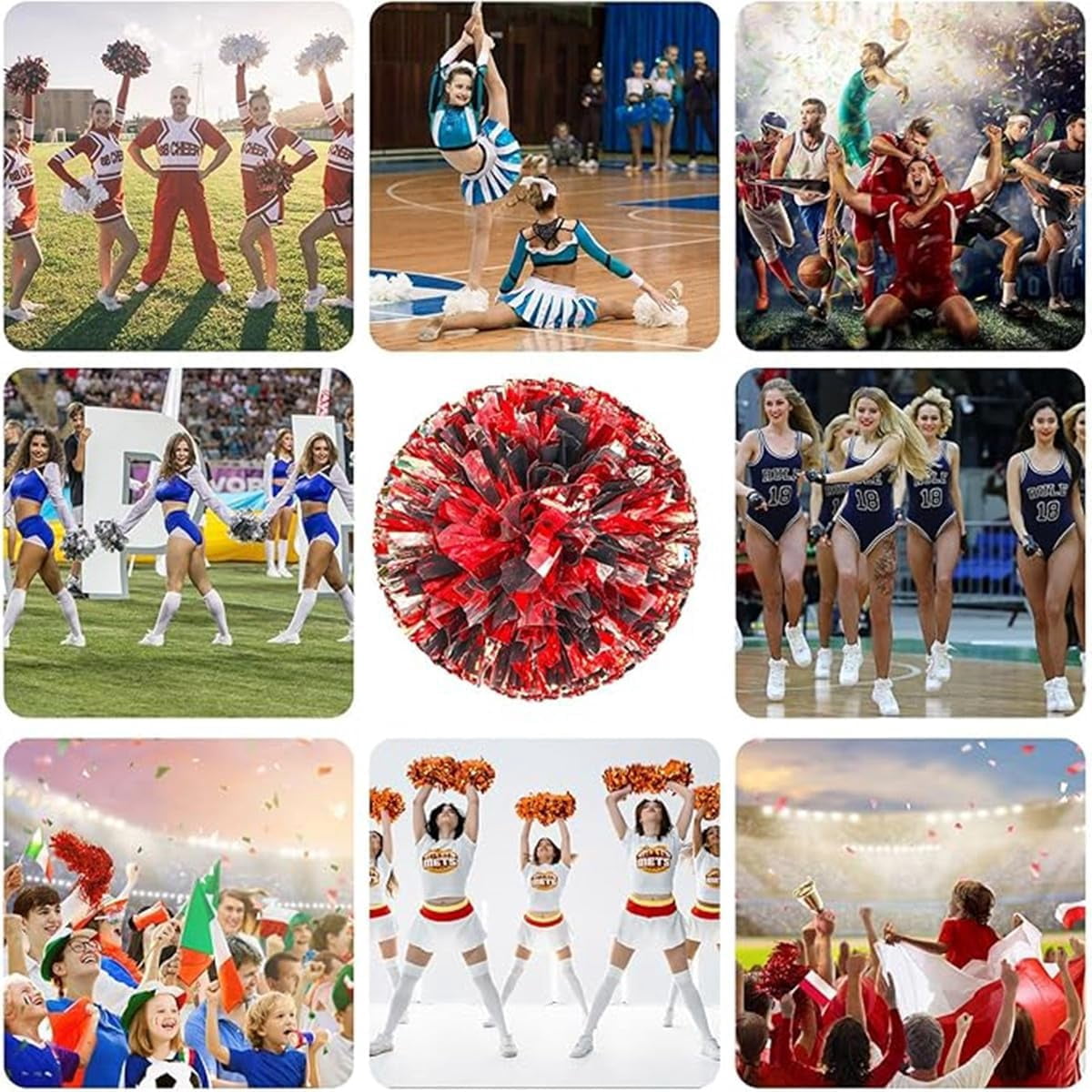 EONQY 8 Pcs Cheerleading Pom Poms Cheerleader Squad Spirited Fun Pompoms 10 Inch Metallic Foil Cheer Pom Poms with Handle Flowers for Sport Team Dance Party