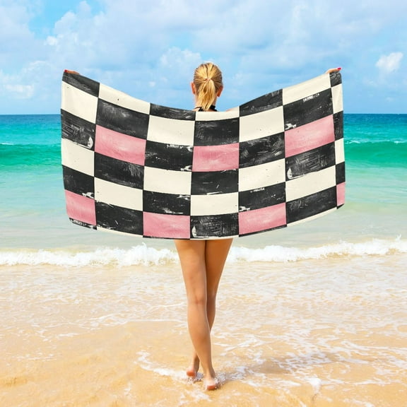 Ryvnso Pink and Black Checkered Pattern Oversized Beach Towel Microfiber Bath Blankets Swimming Fitness 37" x 74"