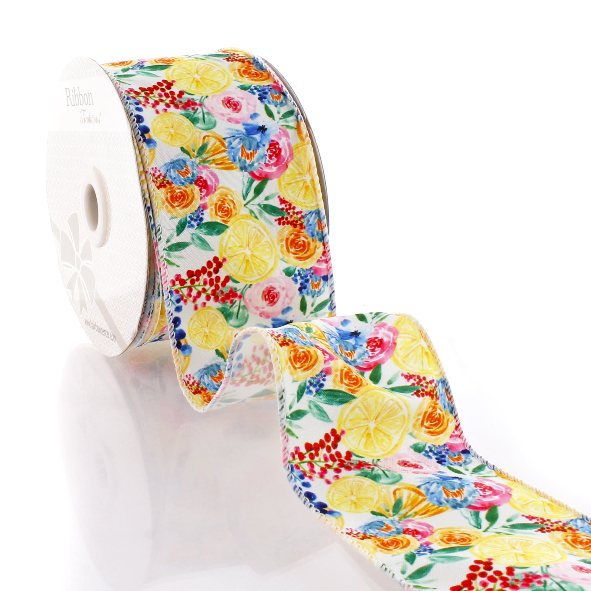 2 1/2" Wired Ribbon Lemon Floral 25 Yards