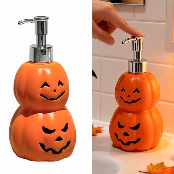 Halloween Jack‑o‑Lantern Pumpkin Soap Dispenser, Refillable Pump Lotion Bottle, Halloween Themed Bathroom Kitchen Countertop Decor for Hand Soap Shampoo Lotion