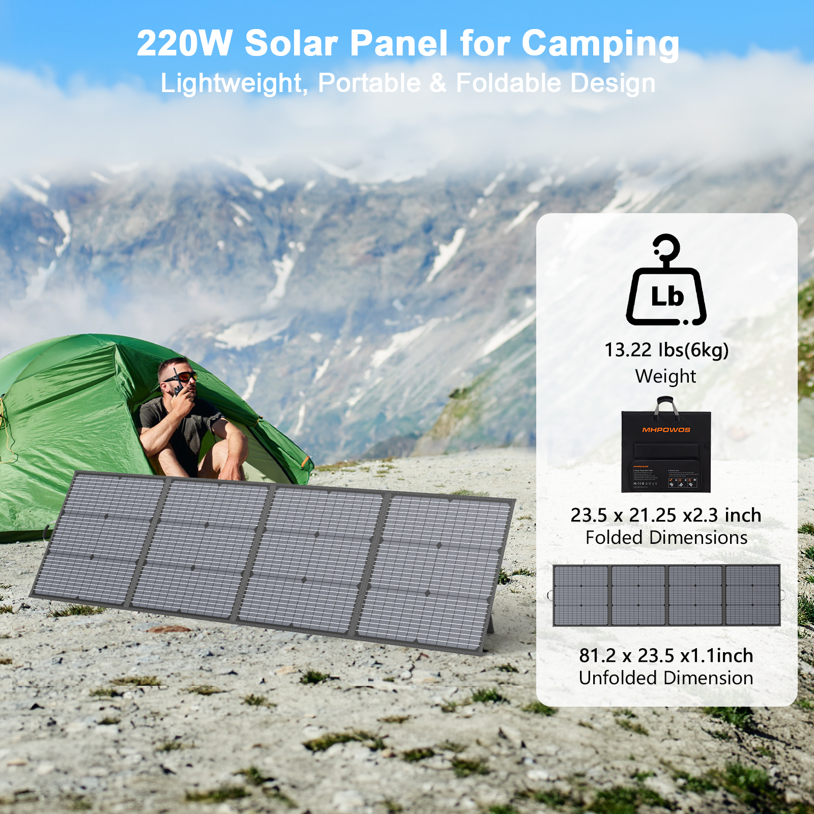 MHPOWOS 220W 20V Portable Solar Panel, 23.5% High Efficiency Waterproof IP67 Foldable Solar Panel Kit with Adjustable Kickstand Multiple Outputs for Power Station RV off Grid System