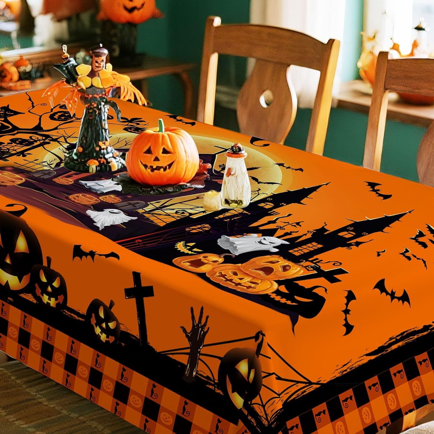 Halloween Tablecloth with Pumpkin Castle Ghost Design for Dining Table