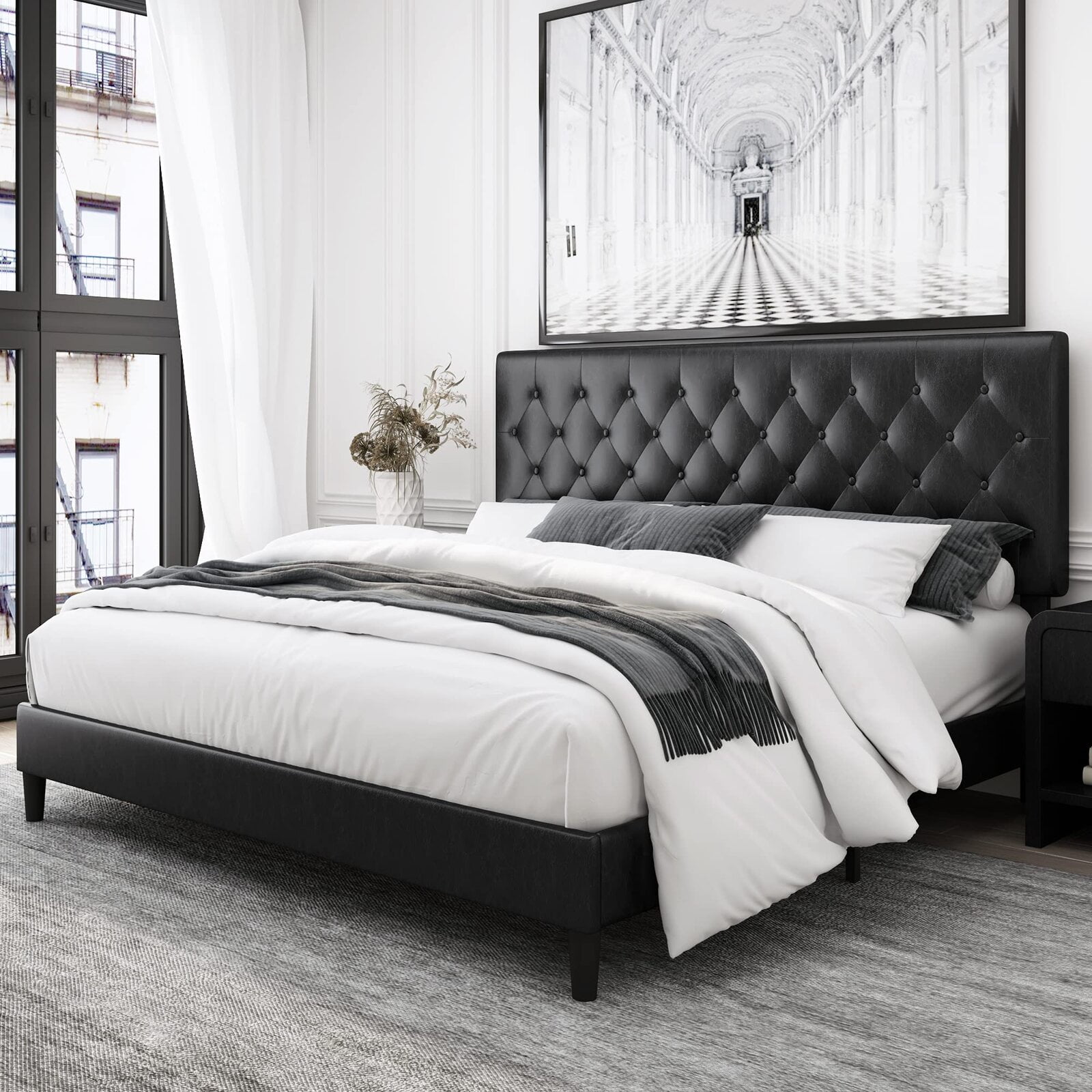 Homfa Queen Bed Frame, Black Faux Leather Upholstered Button Tufted Low