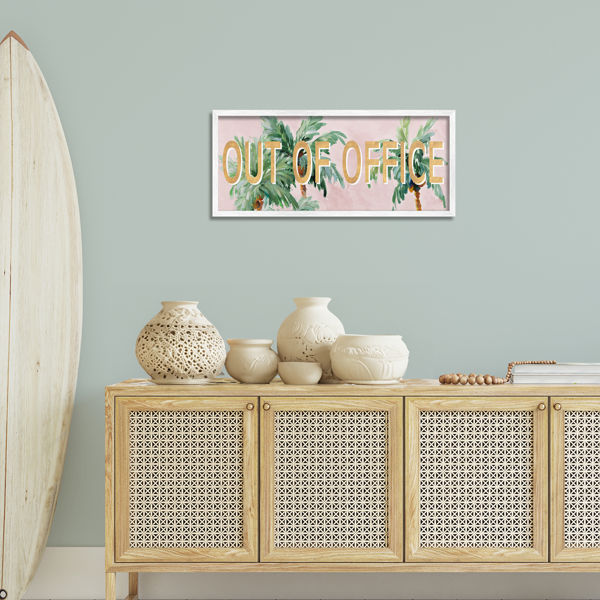 Stupell Industries Out Of Office Palms Typography Painting White Framed Art Print Wall Art, 30 x 13