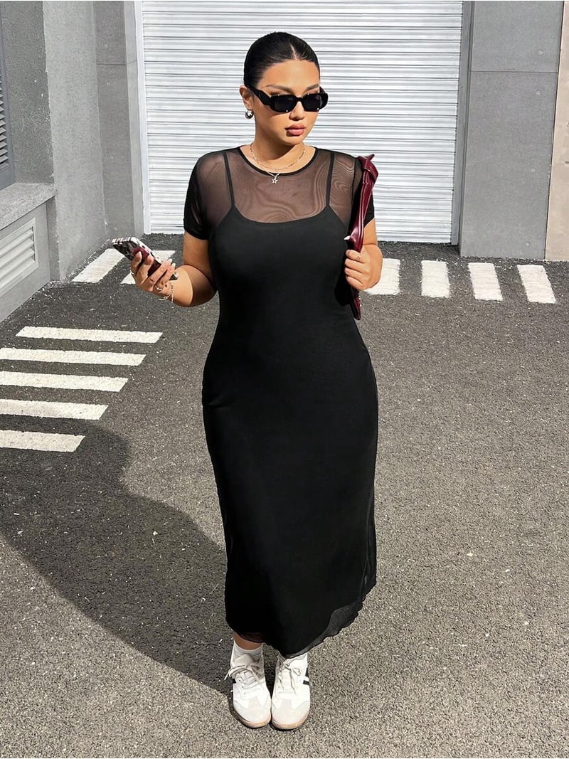 black mesh insert midi dress Black Mesh Overlay Fitted Midi Dress  PinkBlush