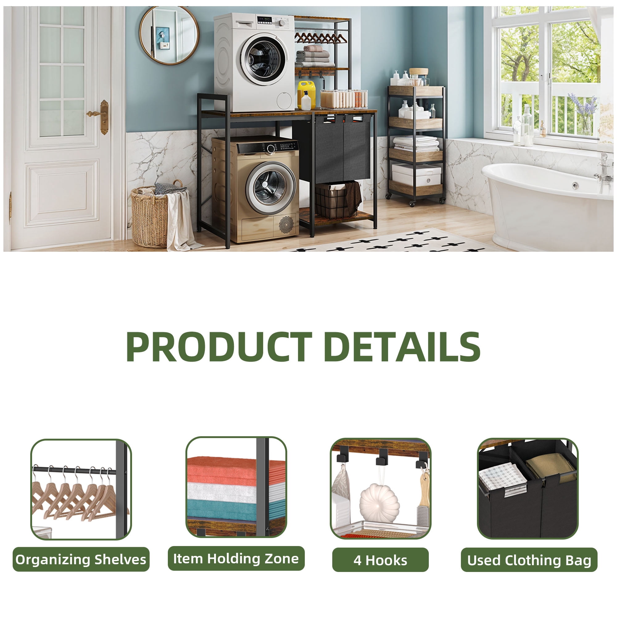 Uforic Laundry Storage Shelves with Hamper, Washer & Dryer Storage Rack, Brown
