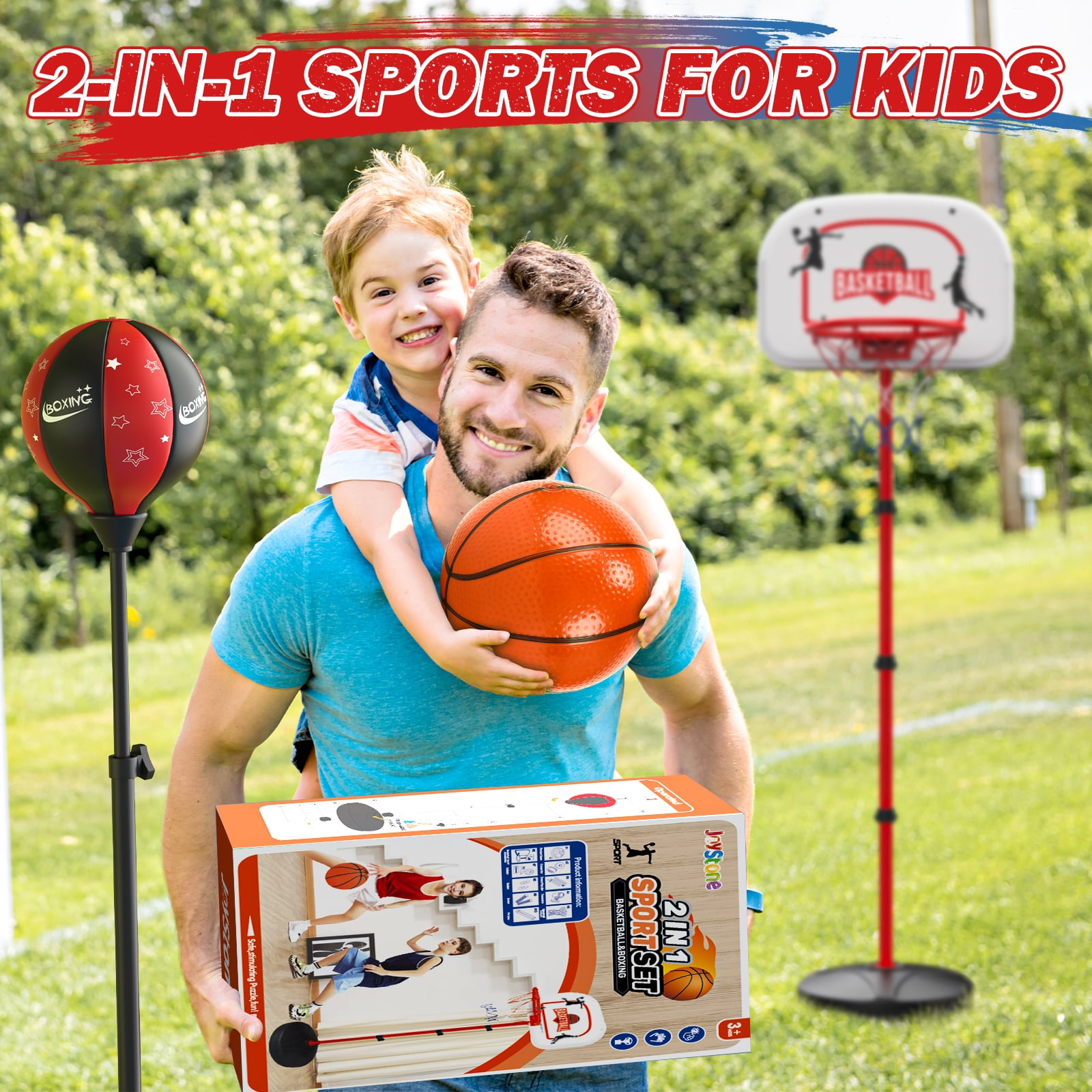 JoyStone 2 in 1 Kids Basketball Hoop and Punching Bag, Adjustable Stand with Boxing Gloves & 2 Balls, Toddler Basketball Hoop and Boxing Bag Set Toy for Outdoor Indoor Sports Games