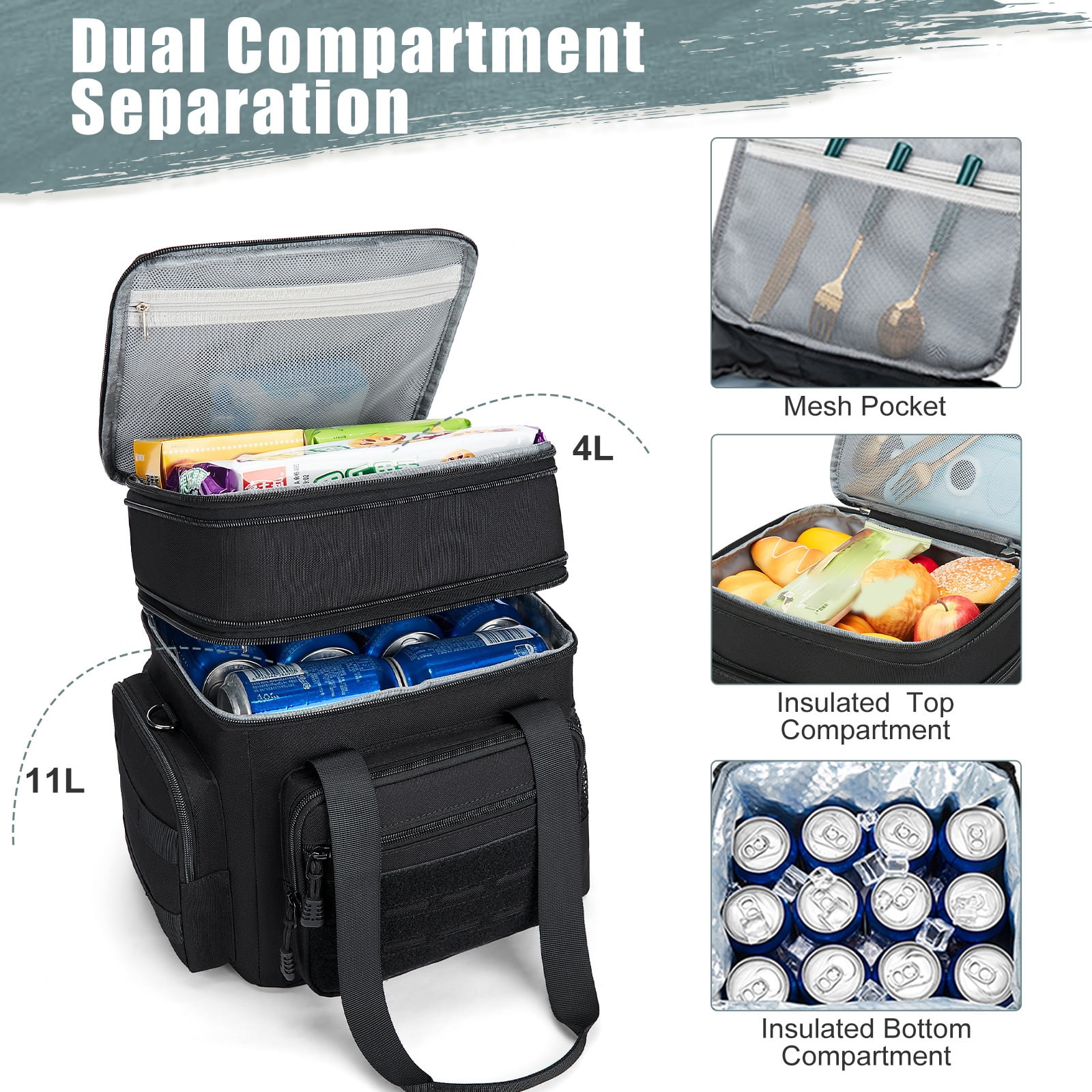 Holuxer Insulated Tactical Lunch Box for Men, 24 Can Double Deck Expandable Lunch Bag for Work Travel Daytrip Picnic Camping, Large Fashion Cooler Bags with Adjustable Shoulder Strap Organizer Black
