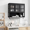 thumbnail image 4 of Bathroom Wall Cabinet, 3-Door Wooden Wall Cabinet with Open and Hidden Storage Space, Medicine Cabinet with Glass Door and Towel Bar for Entryway Living Room Bathroom Dining Room,Black, 4 of 11