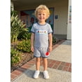 thumbnail image 4 of BemeyourBBs Toddler Baby Boys Back to School Outfit Kids Kindergarten Outfit Baby Boy Summer Clothes Letters and Apple Embroidery Short Sleeve Striped T-Shirt and Pockets Shorts 2 Piece Set, 4 of 9