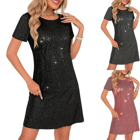 Ahuyic Womens Summer Casual Dress,Womens Plus Size Dress,Womens Sequin Slim Short Sleeve Solid Round Neck Dresses,Red,XL