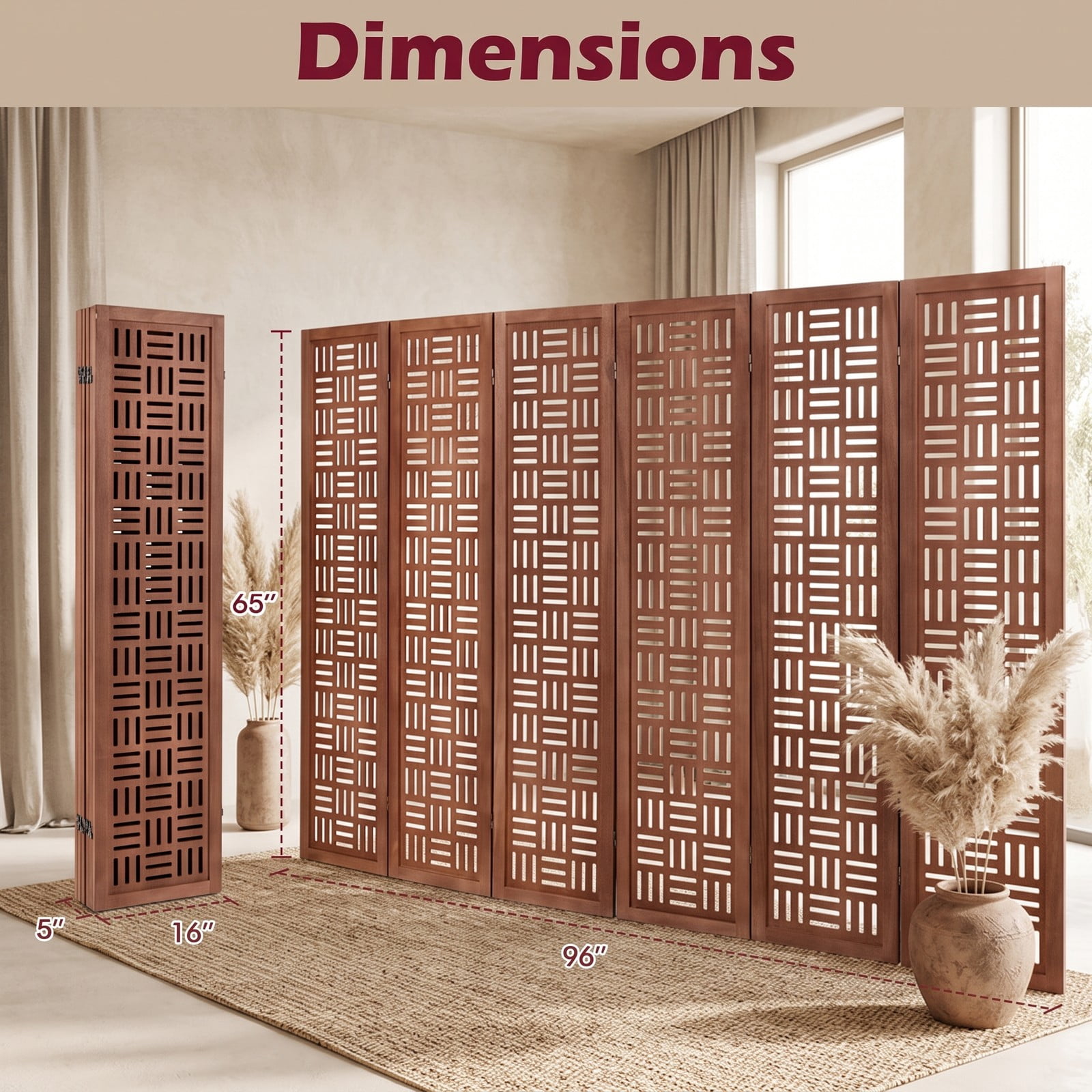 ALPULON 6-Panel Solid Wood Room Divider Folding Partition Screen, Freestanding Paulownia Wood Privacy Panel with Cut-Out Pattern for Living Room Bedroom Office, Walnut