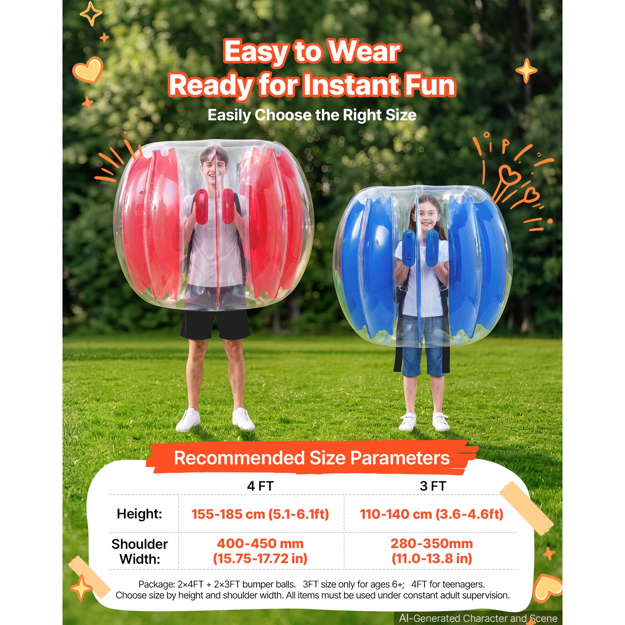 KFFKFF Set of 4 Inflatable Bumper Balls in 3FT and 4FT Sizes, Blue and Red, Designed for Kids and Teens, Ideal for Backyard, Camping, Picnics, Made from Durable PVC Material with Handles for Easy Use