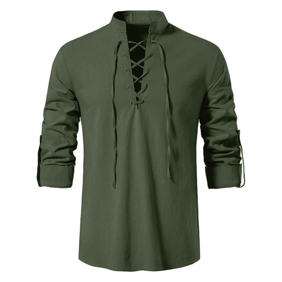Men's Casual Retro Cotton Linen Long Sleeve Henley Shirt, Collared Stand-Up Neck Design, Breathable Fabric, Comfortable Loose Fit, Vintage Style, Everyday Wear,Army Green,L