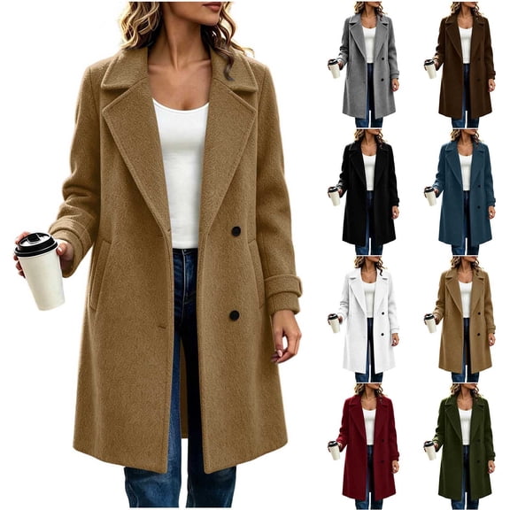 Wool Coat for Women Casual Long Lapel Winter Overcoat Solid Color Woolen Overcoat Long Sleeve Button down Outerwear with Pockets