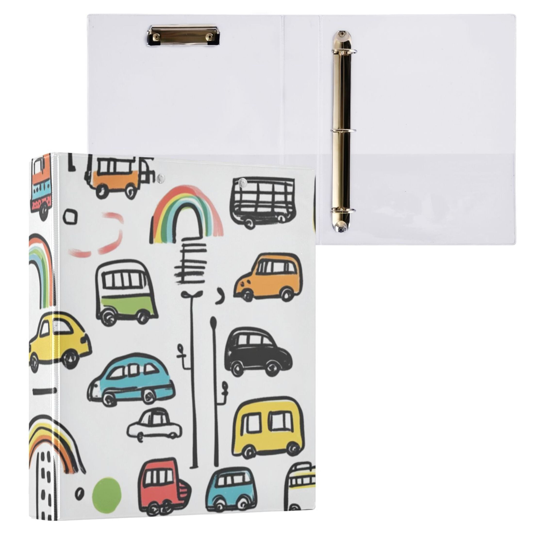 Cars and Rainbows Doodle 3 Ring Binders 1.5 inch Hardcover File Folders with Interior Pockets A4 Size Organizer for School Office Hospital
