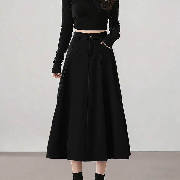 Rove Studio Women's High Waist Pleated A-Line Midi Skirt, Casual Flared Work Skirt with Pockets, Elegant Solid Skirts for Women Black L