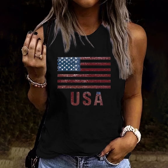 Goodtrade8 July 4th Tank Tops for Women Summer Sleeveless Shirts Pullover Red White and Blue American Flag Casual Patriotic Sports Womens Tops Crew Neck