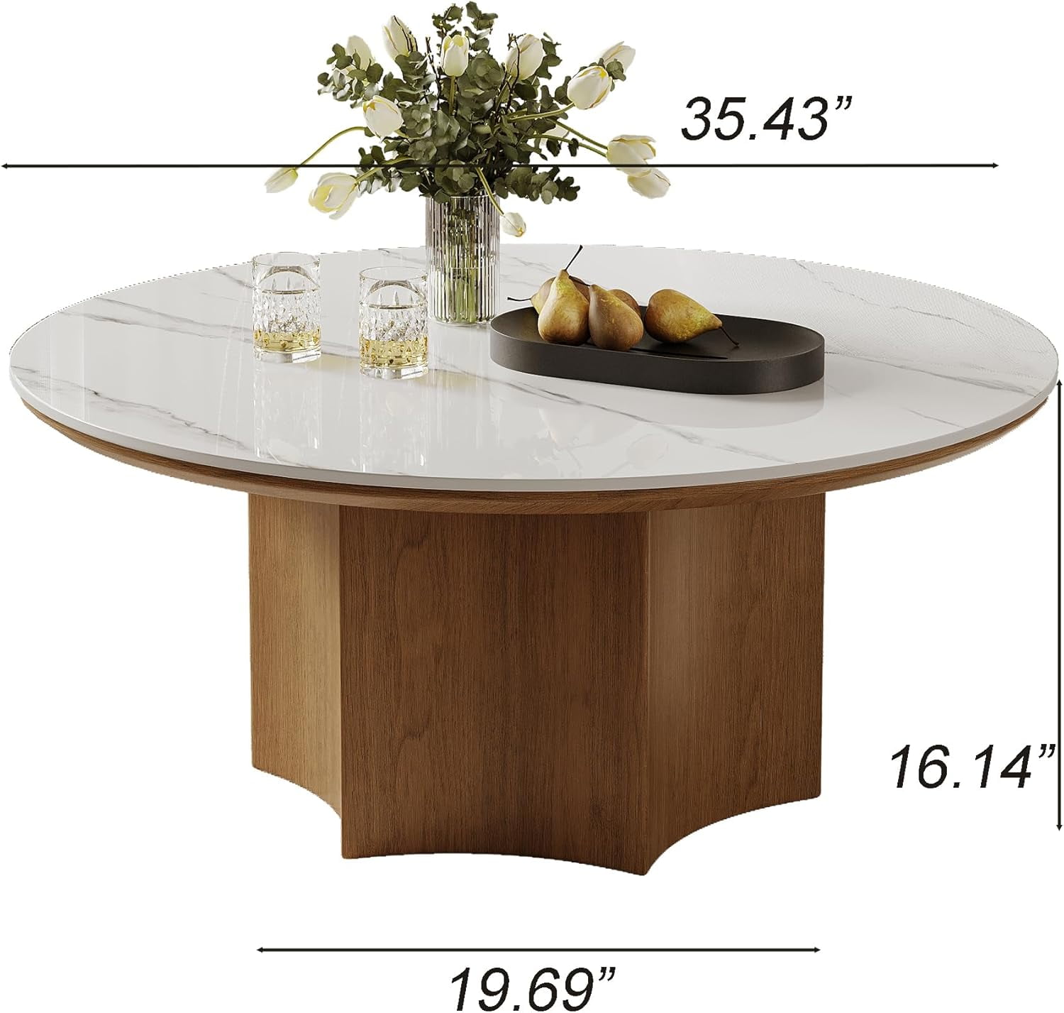 35.43" Round Coffee Table for Living Room, Sintered Stone Coffee Table with Wooden Hexagon Base, Modern Living Room Table Circle Center Table Tea Table for Home Office