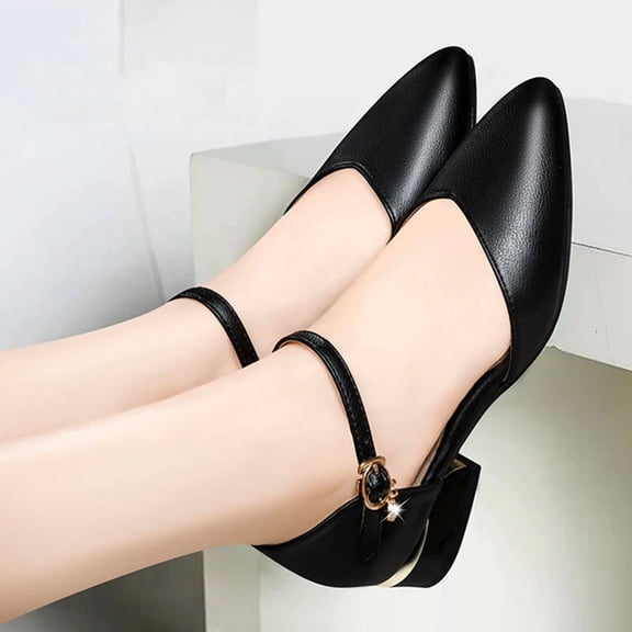 SCHUHLAND Women's Pointed Toe Low Square Heel Pumps, Soft PU Leather Ankle Strap Office Shoes, Black/Beige, Flats, Spring/Autumn