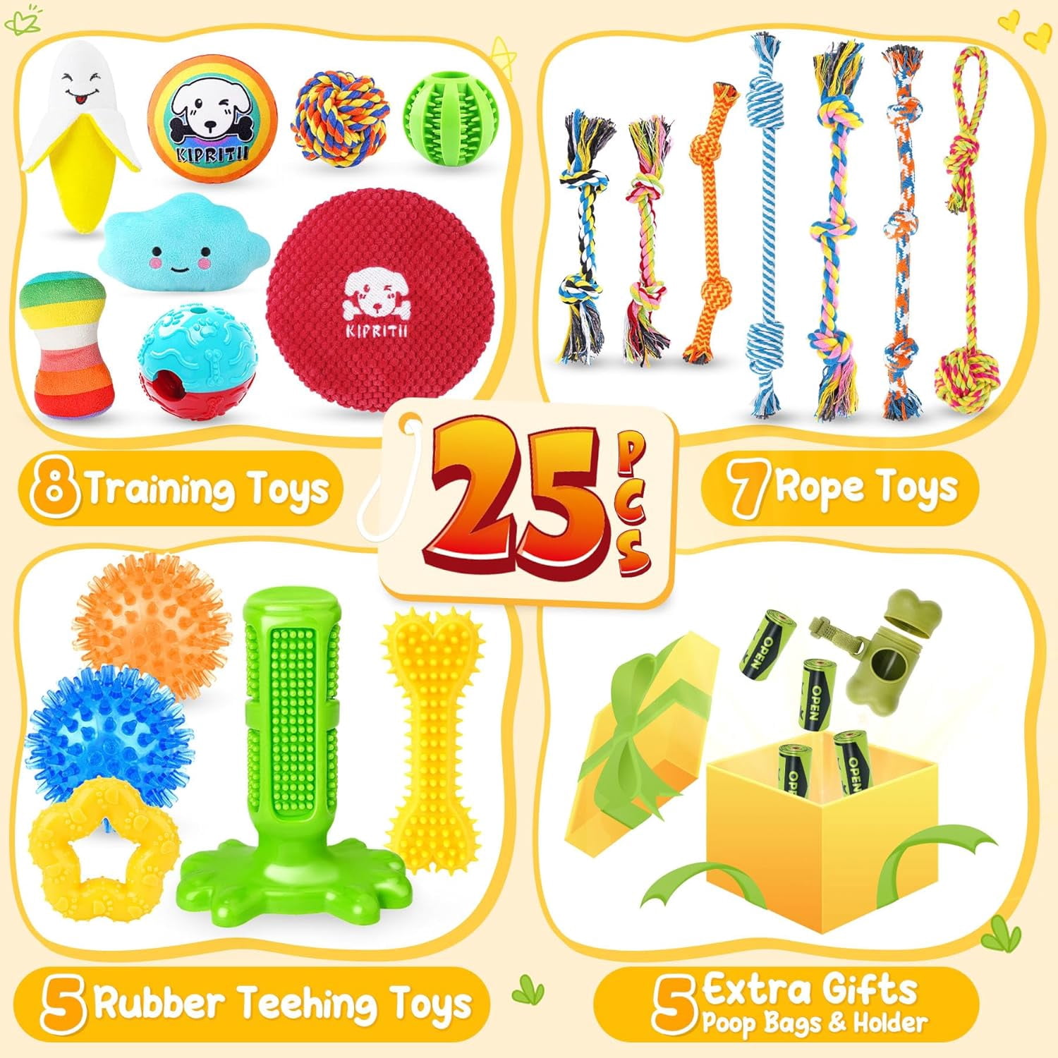 25 Pack Various Dog Toys Set – Ideal for Teething, Entertainment & Interactive Play, Includes Puppy Toys, Rope Toys, Treat Balls and Squeaky Dog Toys