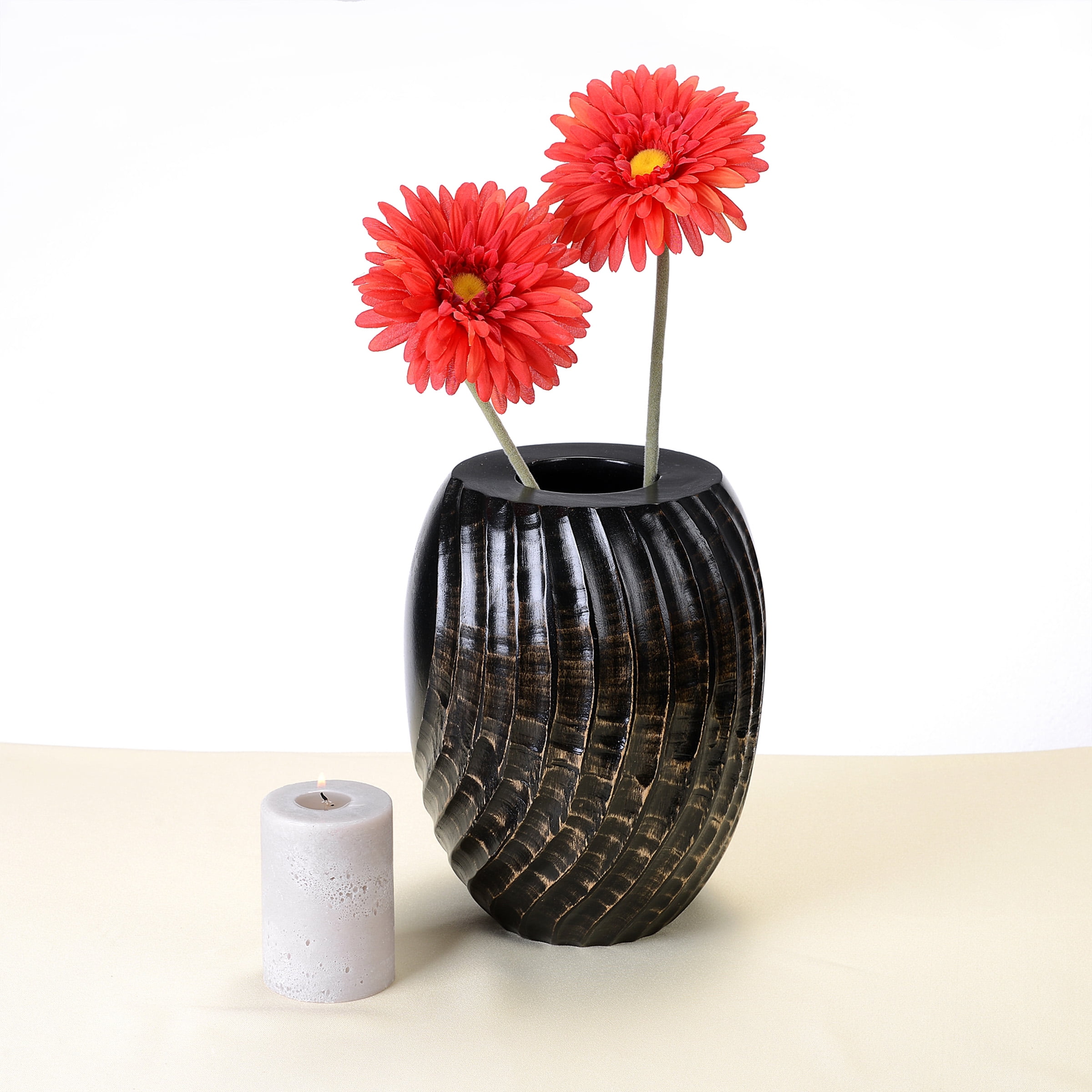 Decorative Daisy Flower Black and Brown Mango Tree Wooden Vase