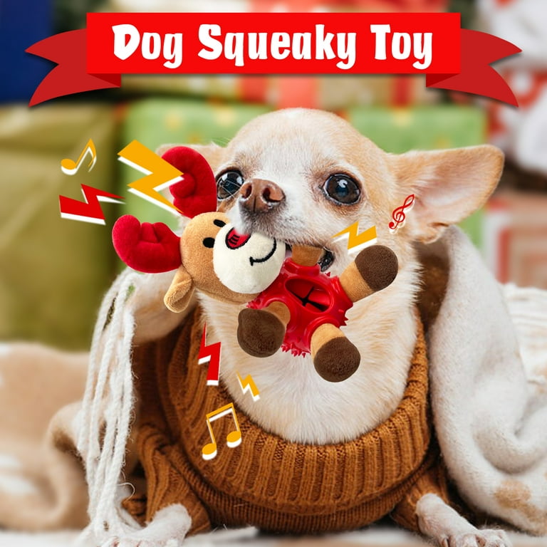 Cute Christmas Reindeer Squeaky Dog Toys, Interactive Durable Plush Dog Toys  for Teething or Treating, Dog Chew Toy with Food Dispensing, Dog Puzzle Toys  for Small and Medium Dogs 
