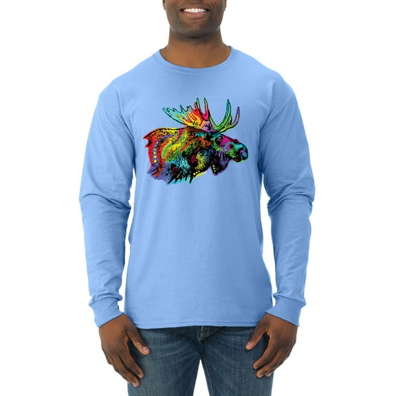 Wild Bobby, Colorful Rainbow Moose Head Wildlife Animal Lover Mens Long Sleeve Shirt, Light Blue, Medium